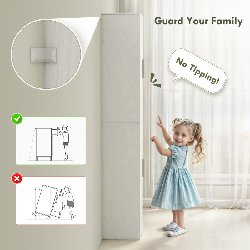 Tall Bathroom Cabinet, Slim 6-Tier Bathroom Floor Cabinet with 2 Doors and 4 Adjustable Shelves, White