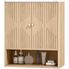Bathroom Wall Cabinet, Wall-Mounted Medicine Cabinet with Adjustable Shelf, Open Shelf and Marble Effect Top, Oak