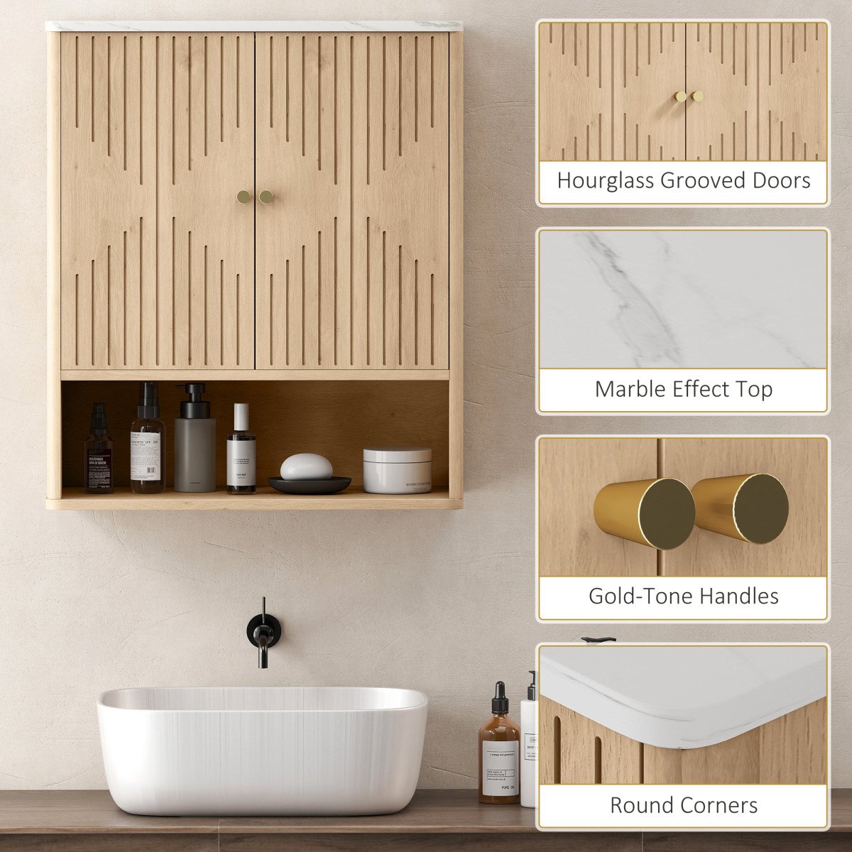 Bathroom Wall Cabinet, Wall-Mounted Medicine Cabinet with Adjustable Shelf, Open Shelf and Marble Effect Top, Oak