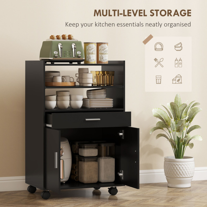 Microwave Cart with Wheels, Microwave Stand with Worktop, Open Shelves and Drawer, Storage Cabinet, Black