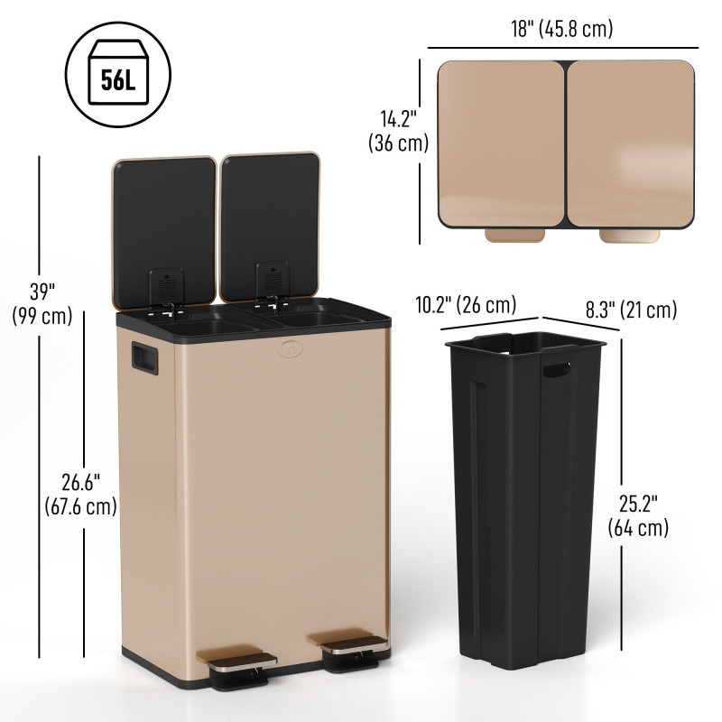 Garbage Bin, Soft-Close Trash Can with Foot Pedal, 2x7.4 Gal (2x28 L) Garbage Can with Removable Inner Buckets, SGold