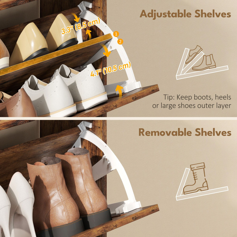 Narrow Shoe Storage Cabinet, Farmhouse Slim Shoe Cabinet with 2 Flip Drawers, Adjustable Shelves, Rustic Brown