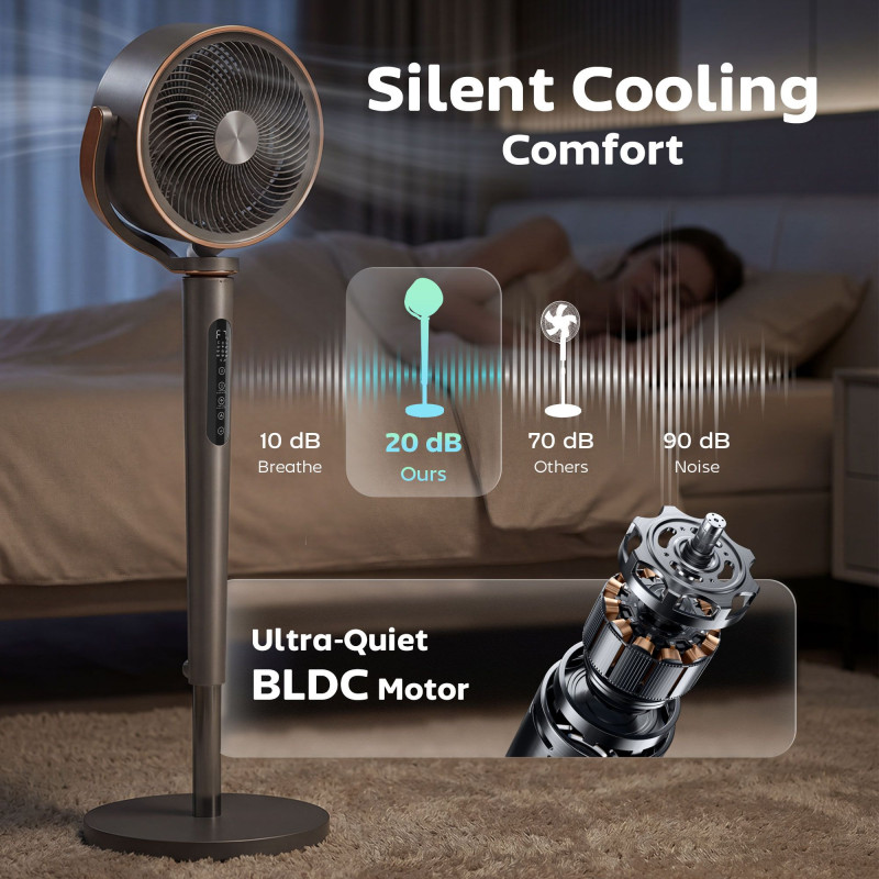 20dB Silent Standing Fan, Oscillating Fan with 12 Speeds, LED Light, WiFi & Remote Control, 12H Timer