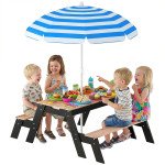 Qaba Kids Picnic Table with Umbrella, 3 in 1 Wooden Sand & Water Table with 2 Hidden Play Boxes for Patio, Ages 3-6