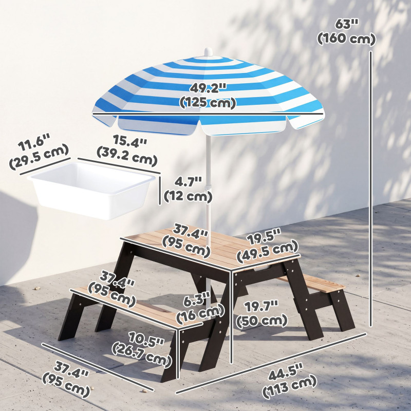 Qaba Kids Picnic Table with Umbrella, 3 in 1 Wooden Sand & Water Table with 2 Hidden Play Boxes for Patio, Ages 3-6