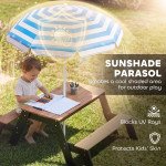 Qaba Kids Picnic Table with Umbrella, 3 in 1 Wooden Sand & Water Table with 2 Hidden Play Boxes for Patio, Ages 3-6