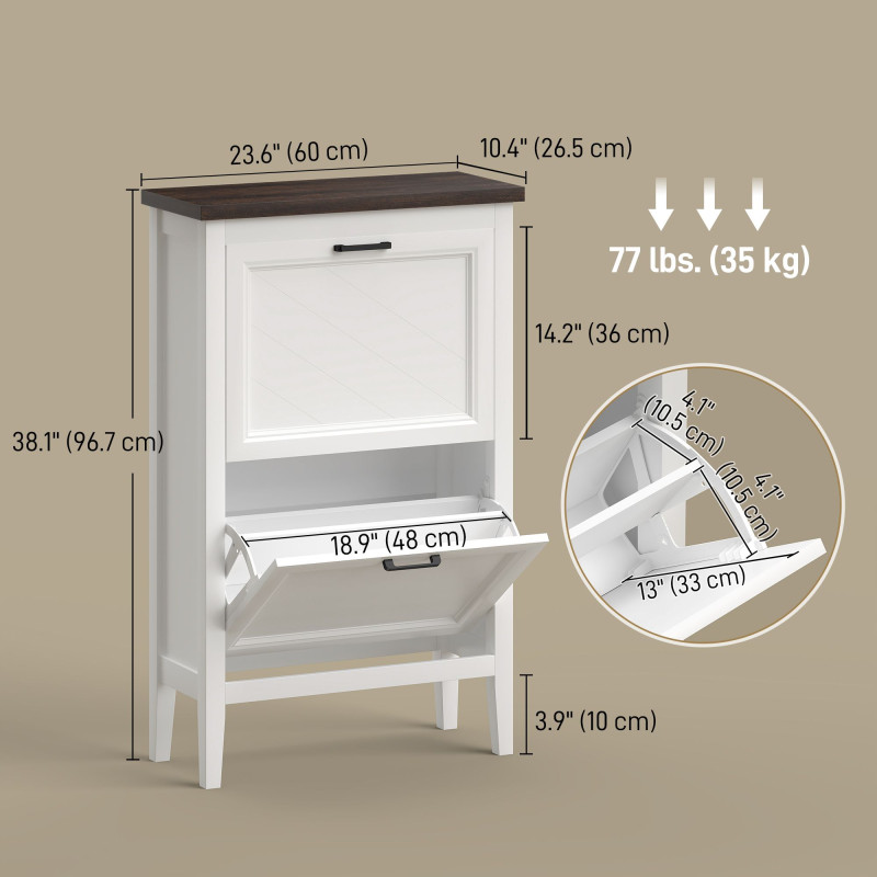 Shoe Cabinet with 2 Flip Drawers, Farmhouse Narrow Shoe Storage Cabinet with Adjustable Shelves, White