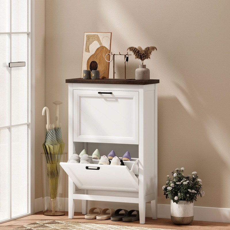 Shoe Cabinet with 2 Flip Drawers, Farmhouse Narrow Shoe Storage Cabinet with Adjustable Shelves, White