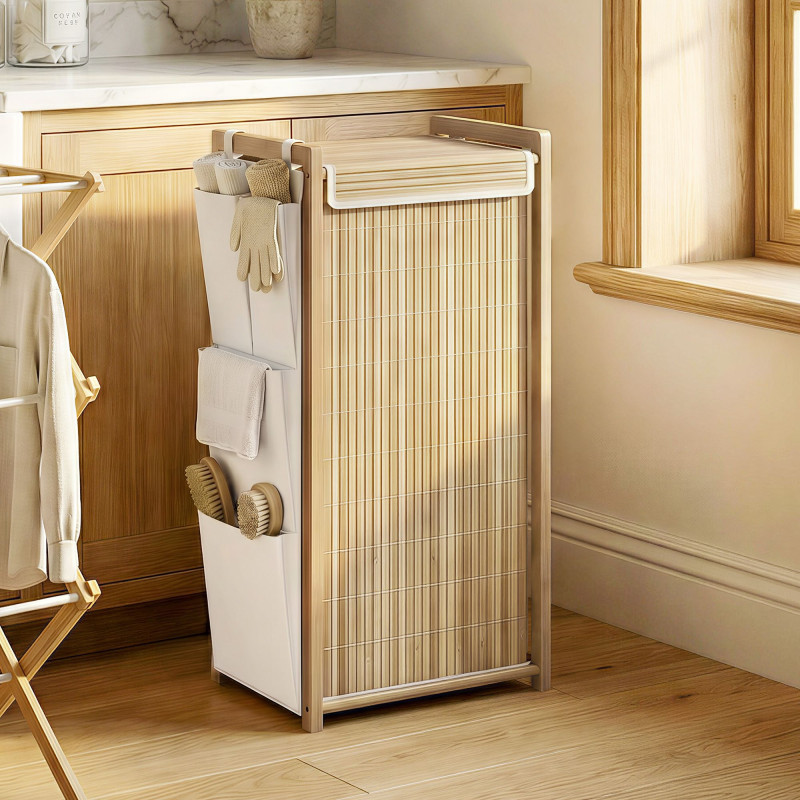 Bamboo Laundry Hamper with Removable Drawstring Bag and Side Storage Pockets, 19.8 Gal, Natural