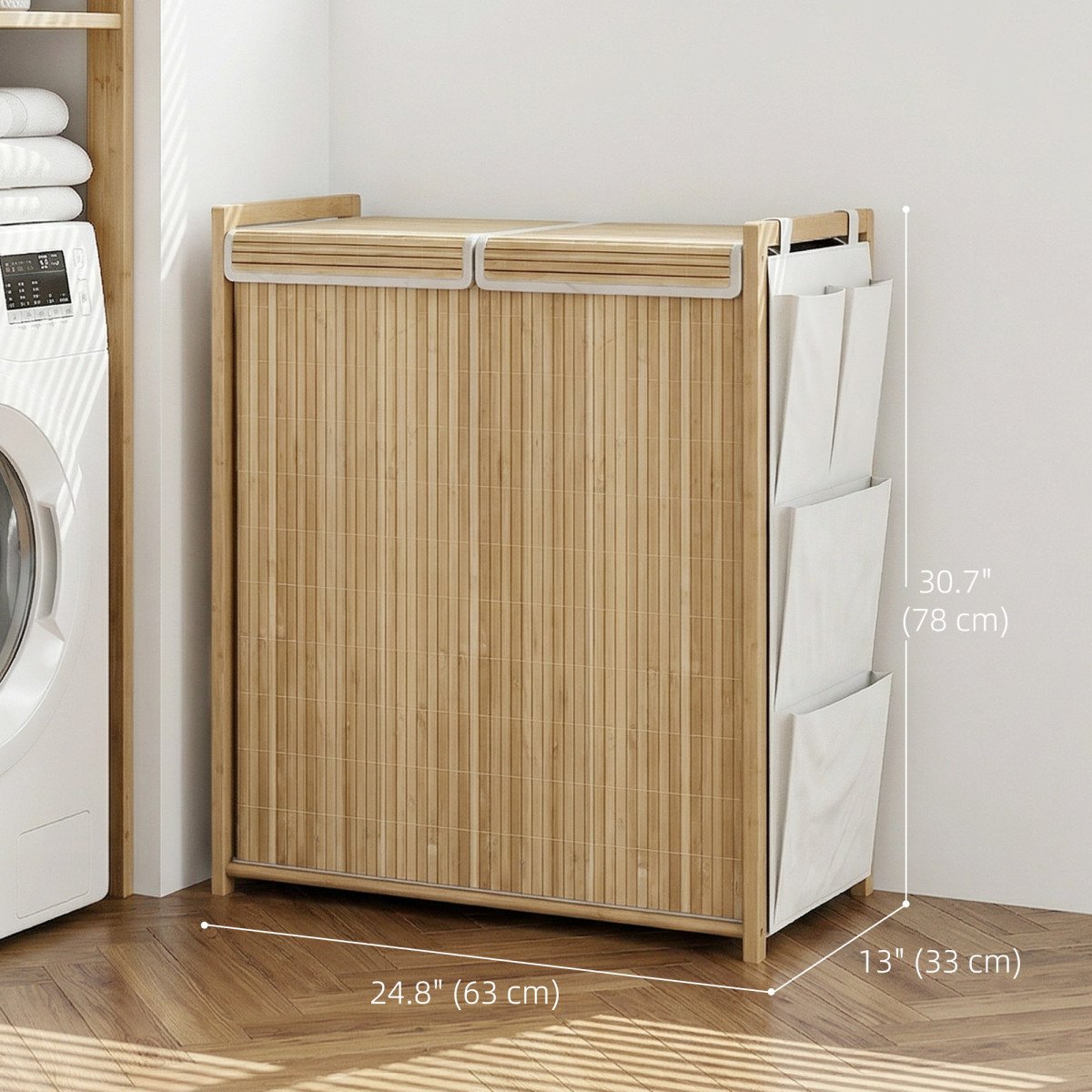 Bamboo Laundry Hamper with Removable Drawstring Bag and Side Storage Pockets, 32 Gal, Natural