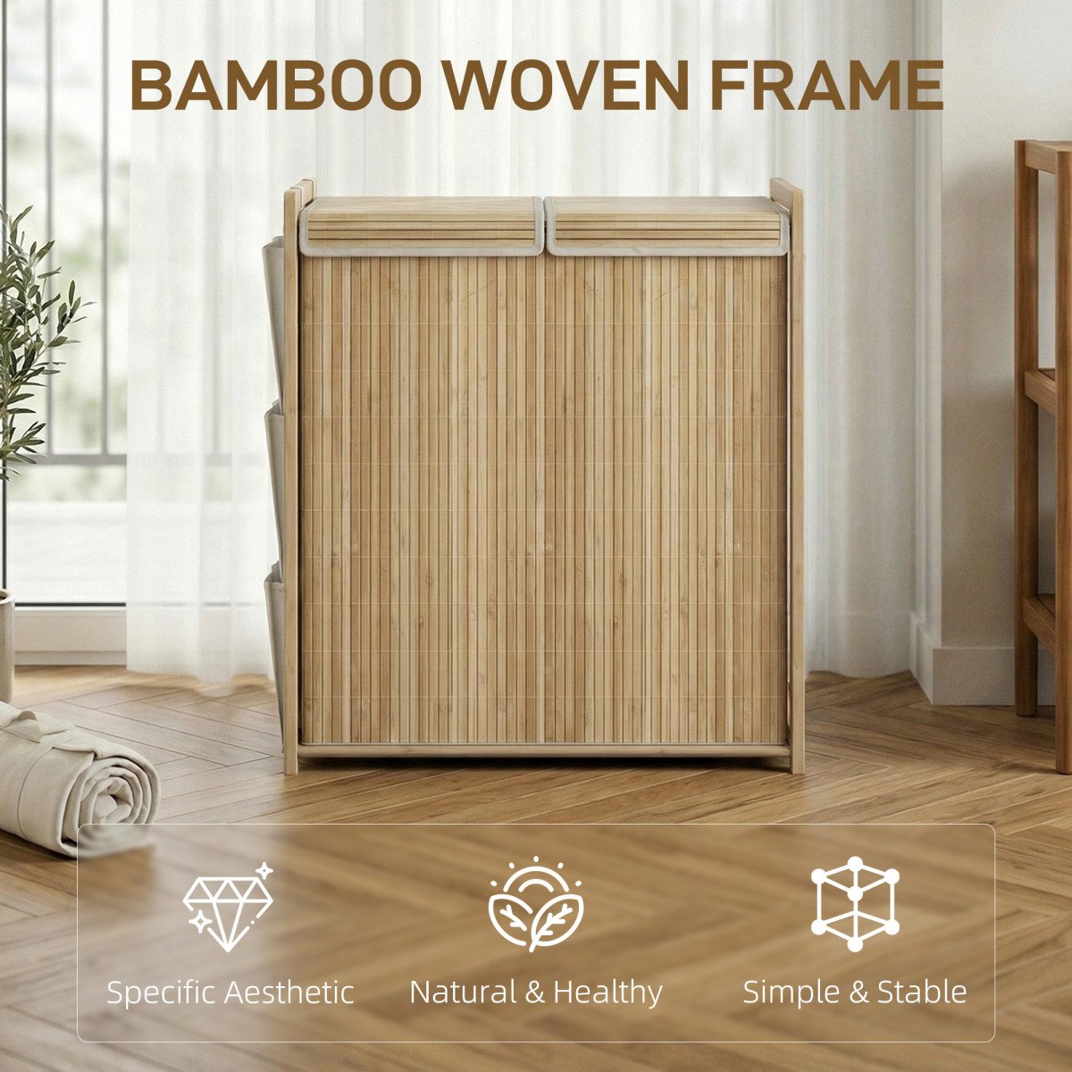 Bamboo Laundry Hamper with Removable Drawstring Bag and Side Storage Pockets, 32 Gal, Natural