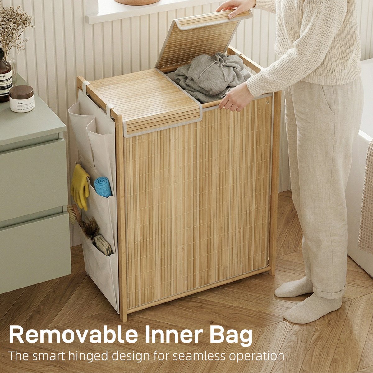 Bamboo Laundry Hamper with Removable Drawstring Bag and Side Storage Pockets, 32 Gal, Natural