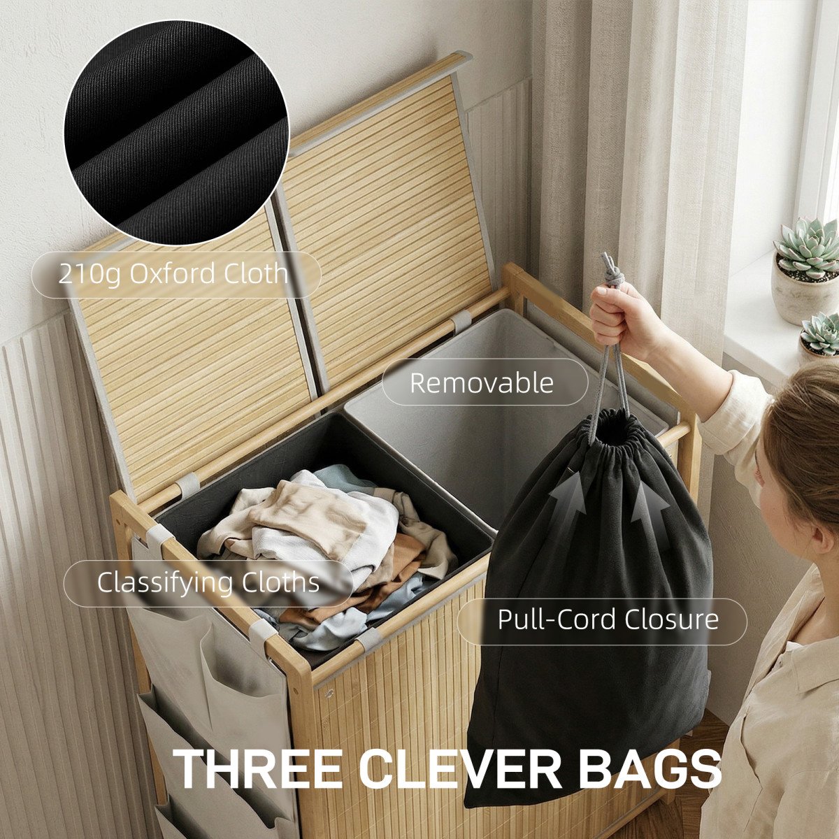 Bamboo Laundry Hamper with Removable Drawstring Bag and Side Storage Pockets, 32 Gal, Natural