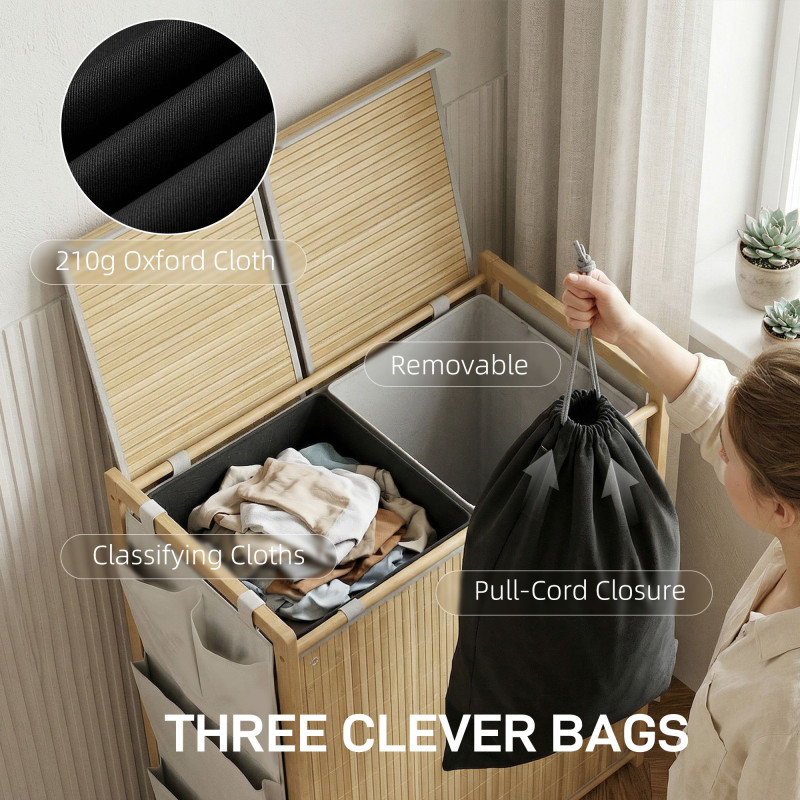 Bamboo Laundry Hamper with Removable Drawstring Bag and Side Storage Pockets, 32 Gal, Natural