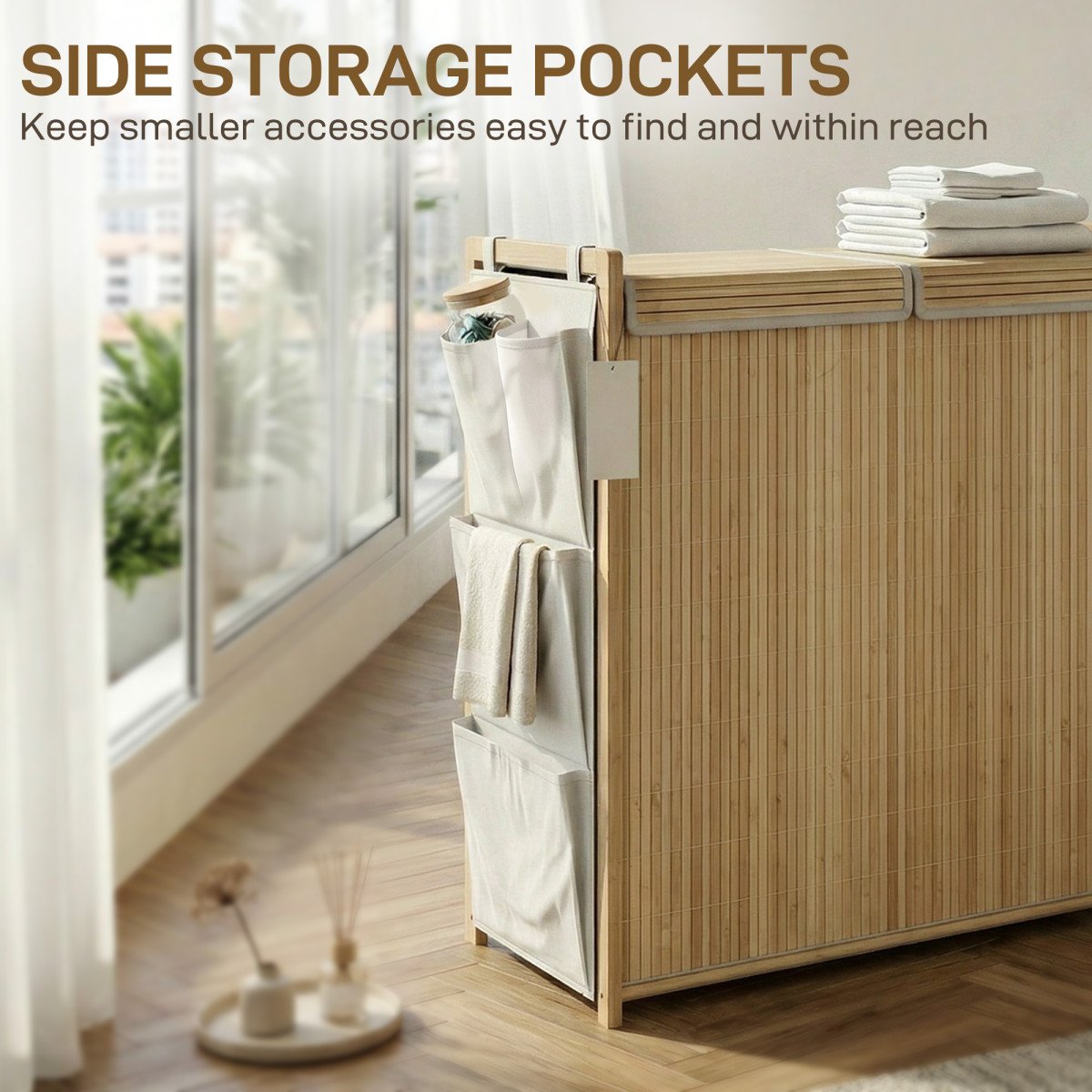 Bamboo Laundry Hamper with Removable Drawstring Bag and Side Storage Pockets, 32 Gal, Natural