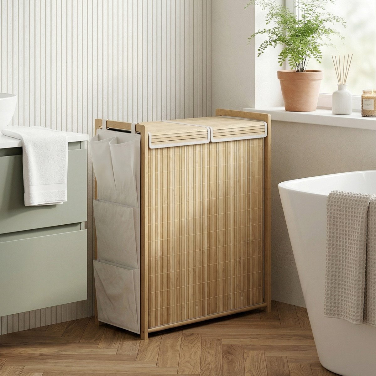Bamboo Laundry Hamper with Removable Drawstring Bag and Side Storage Pockets, 32 Gal, Natural