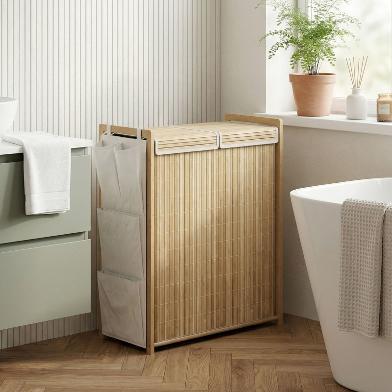 Bamboo Laundry Hamper with Removable Drawstring Bag and Side Storage Pockets, 32 Gal, Natural