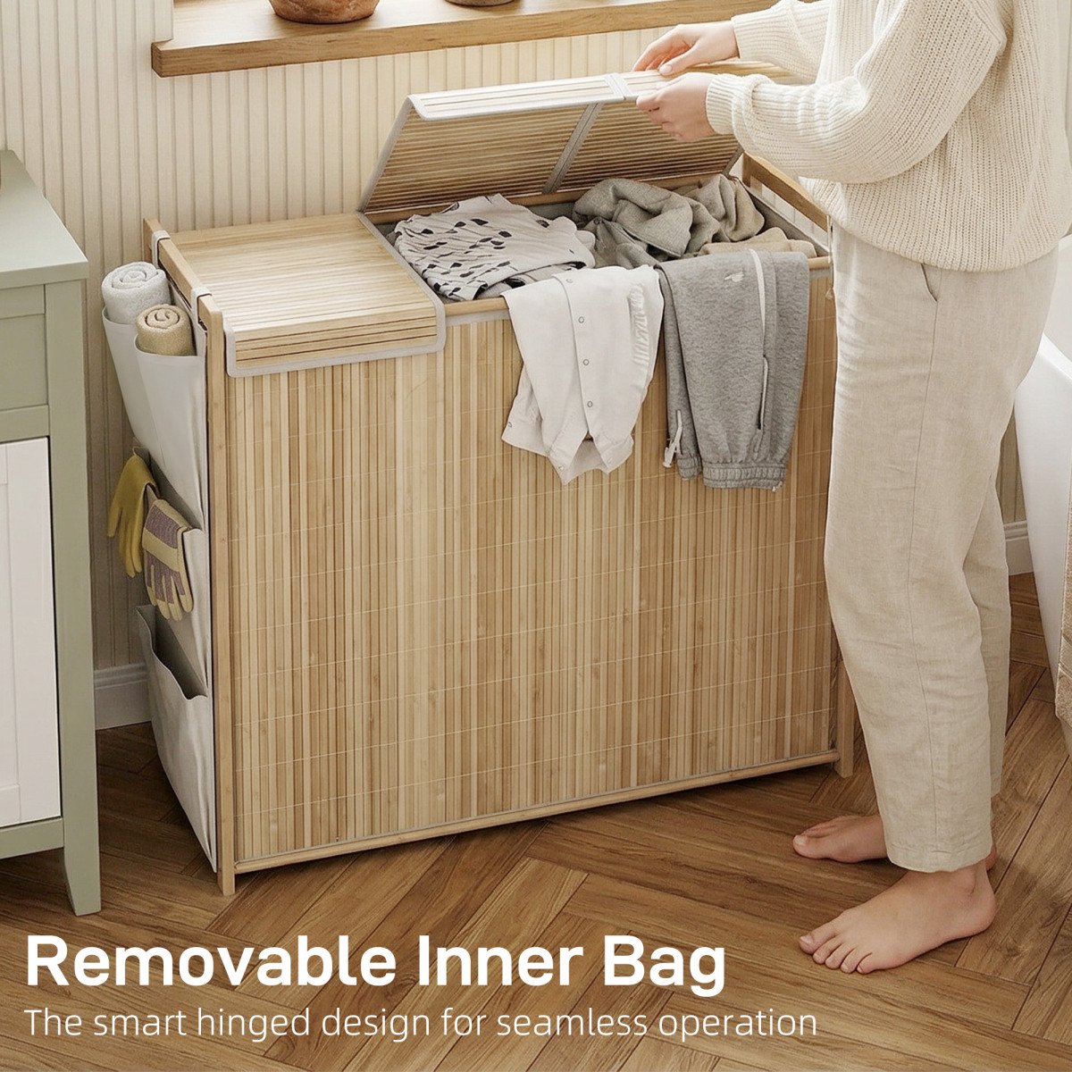 Bamboo Laundry Hamper with Removable Drawstring Bag and Side Storage Pockets, 47 Gal, Natural