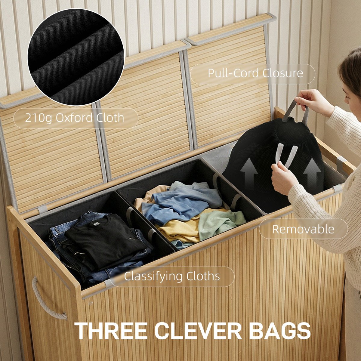 Bamboo Laundry Hamper with Removable Drawstring Bag and Side Storage Pockets, 47 Gal, Natural