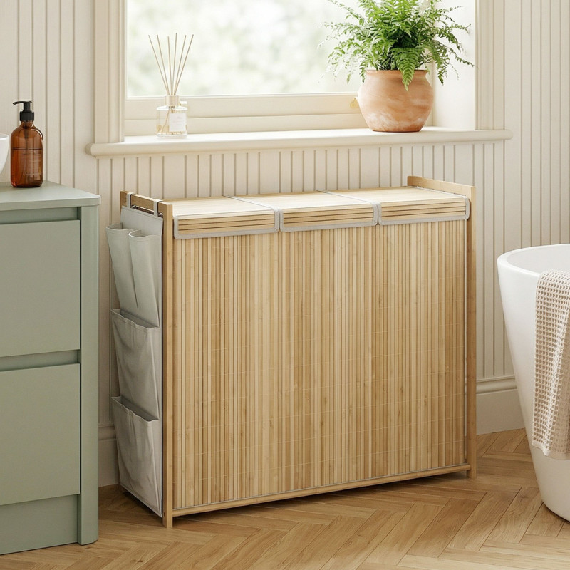 Bamboo Laundry Hamper with Removable Drawstring Bag and Side Storage Pockets, 47 Gal, Natural
