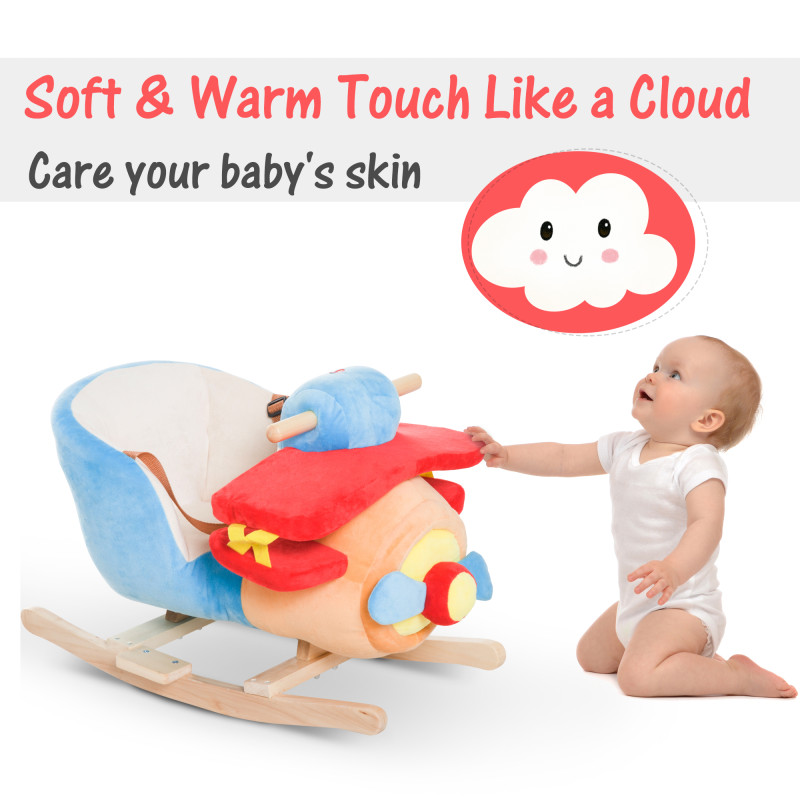 Qaba Baby Rocking Horse Plane Design Plush Stuffed Rocking Chair, Wooden Rocking Horse with Sound, Seat Belt for Boys and Girls Gift, Red