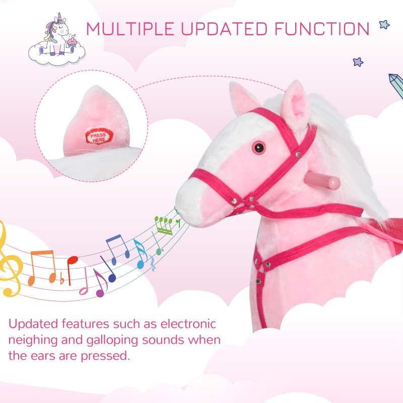 Qaba Rocking Horse Plush Pony Children Kid Ride on Toy w/ Realistic Sound (Light Pink)