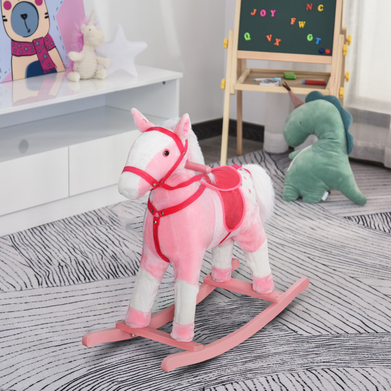 Qaba Rocking Horse Plush Pony Children Kid Ride on Toy w/ Realistic Sound (Light Pink)
