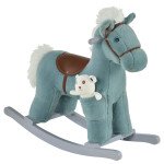 Qaba Kids Rocking Horse Plush Animal on Wooden Rockers with Sounds, Wooden Base and Bear Toy, Baby Rocking Chair, Blue
