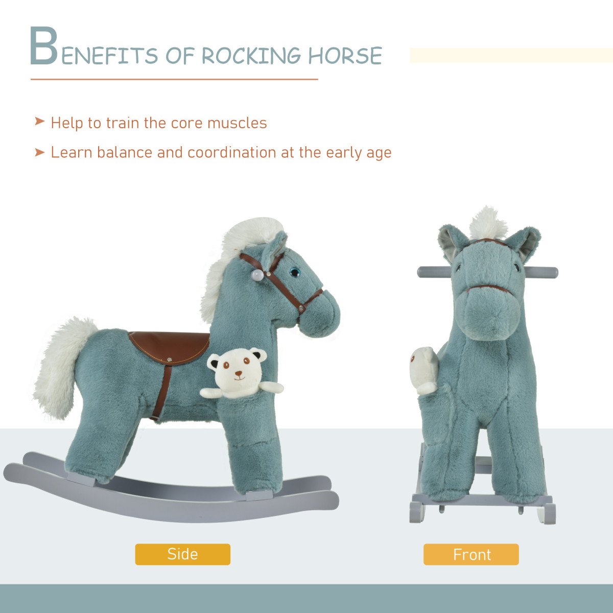 Qaba Kids Rocking Horse Plush Animal on Wooden Rockers with Sounds, Wooden Base and Bear Toy, Baby Rocking Chair, Blue
