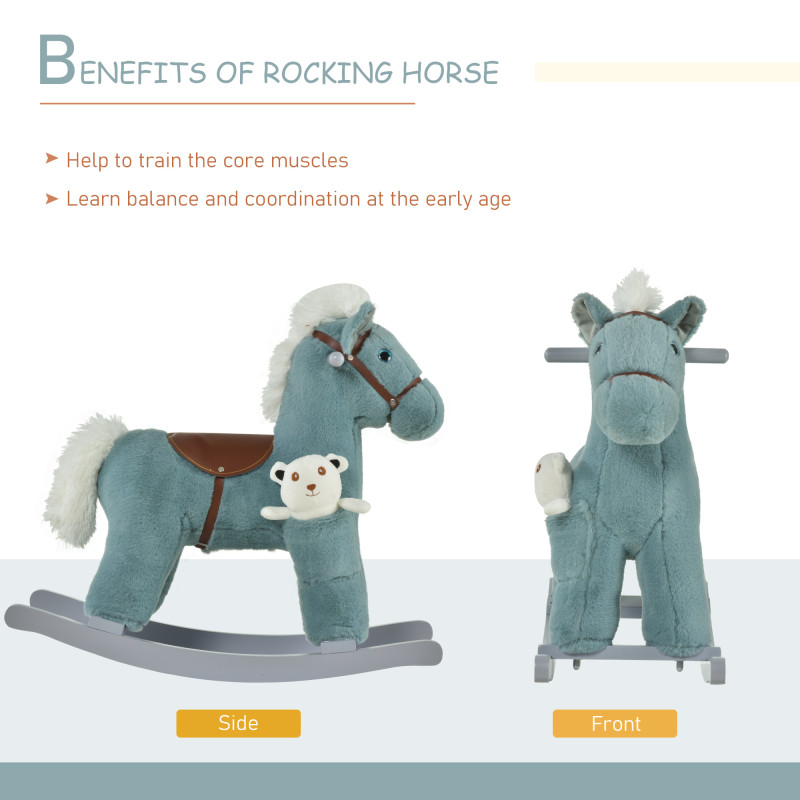 Qaba Kids Rocking Horse Plush Animal on Wooden Rockers with Sounds, Wooden Base and Bear Toy, Baby Rocking Chair, Blue