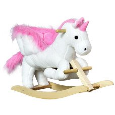 Qaba Baby Rocking Horse, Plush Animal Rocker for Toddlers Aged 18-36 Months, Stuffed Ride Toy with Sounds, Seat Belt, White and Pink