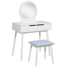 Makeup Vanity Desk with Round Mirror and 2 Drawers, Dressing Table with Cushioned Stool Set for Bedroom (White)