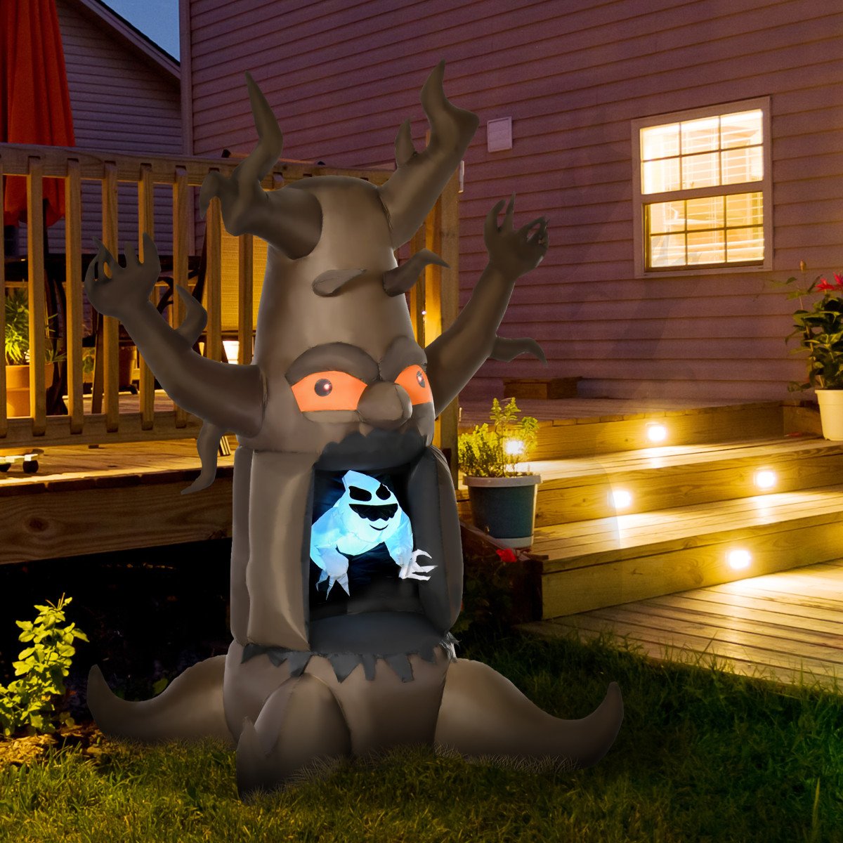 Inflatable Halloween Decoration Haunted Tree with White Ghost, Blow-Up Outdoor LED Display for Lawn, Garden, Party
