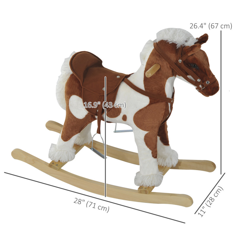 Qaba Kids Rocking Horse Plush Animal on Wooden Rockers with Sounds, Wooden Base, Baby Rocking Chair, Brown and White