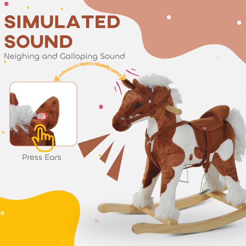 Qaba Kids Rocking Horse Plush Animal on Wooden Rockers with Sounds, Wooden Base, Baby Rocking Chair, Brown and White