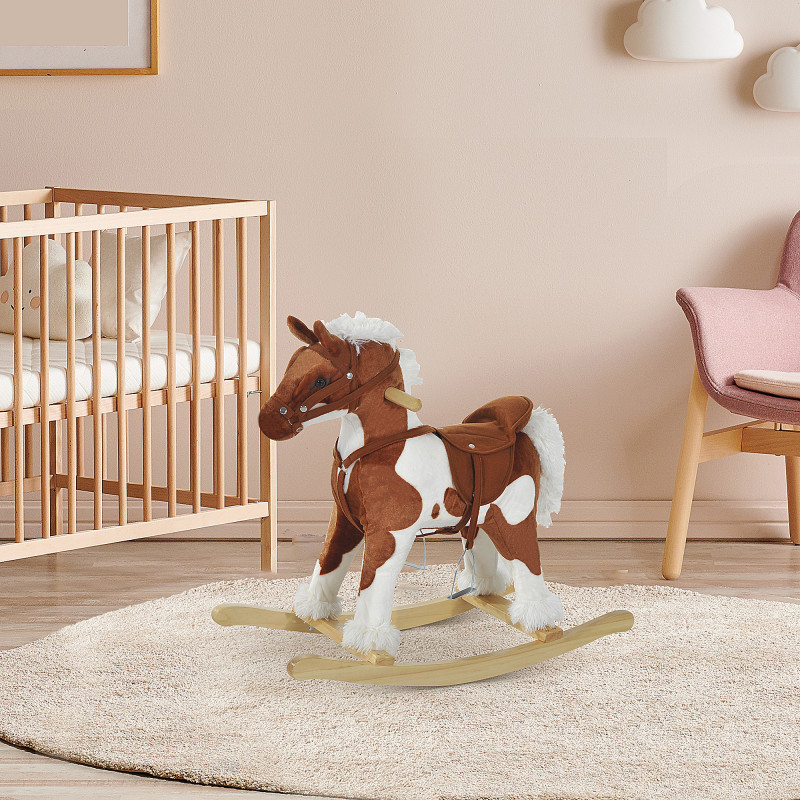 Qaba Kids Rocking Horse Plush Animal on Wooden Rockers with Sounds, Wooden Base, Baby Rocking Chair, Brown and White