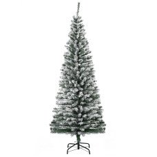 6ft Flocked Christmas Tree, Pencil Christmas Tree with Realistic Branch Tips, Folding Metal Stand, Green