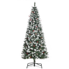 6ft Decorated Christmas Tree with Red Berries and Pine Cones, Flocked Christmas Tree with Pencil Shape, Green