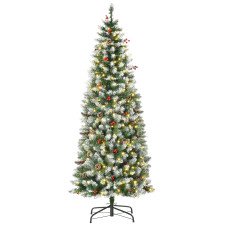 6 ft Snow-Dipped Pencil Christmas Tree Pre-Lit Holiday Decoration with LED Lights Pine Cones Red Berries Green