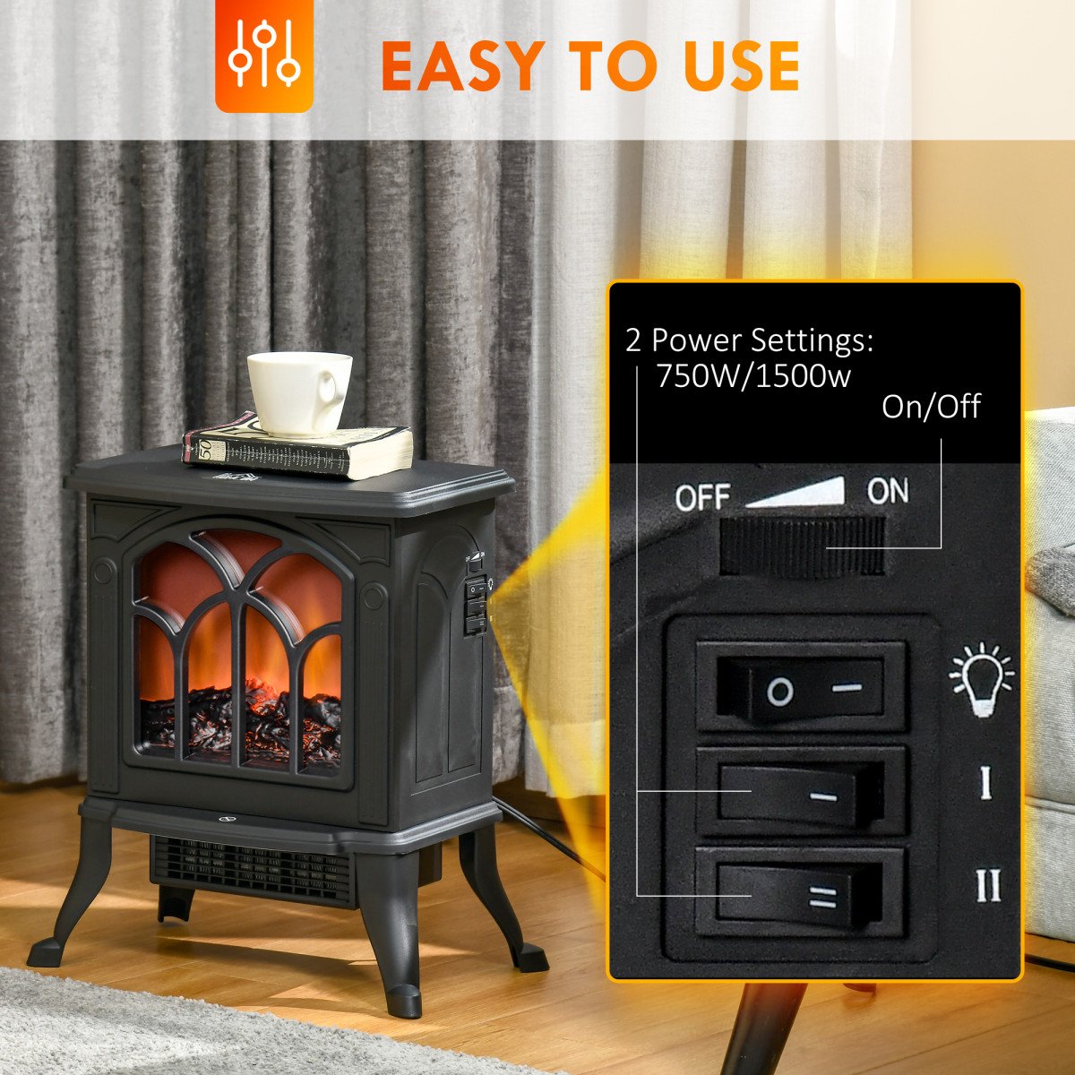 Electric Fireplace Heater, Freestanding Fireplace Stove with Realistic Flame, Overheat Protection, 750W/1500W, Black