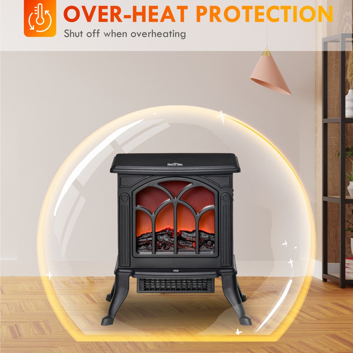 Electric Fireplace Heater, Freestanding Fireplace Stove with Realistic Flame, Overheat Protection, 750W/1500W, Black