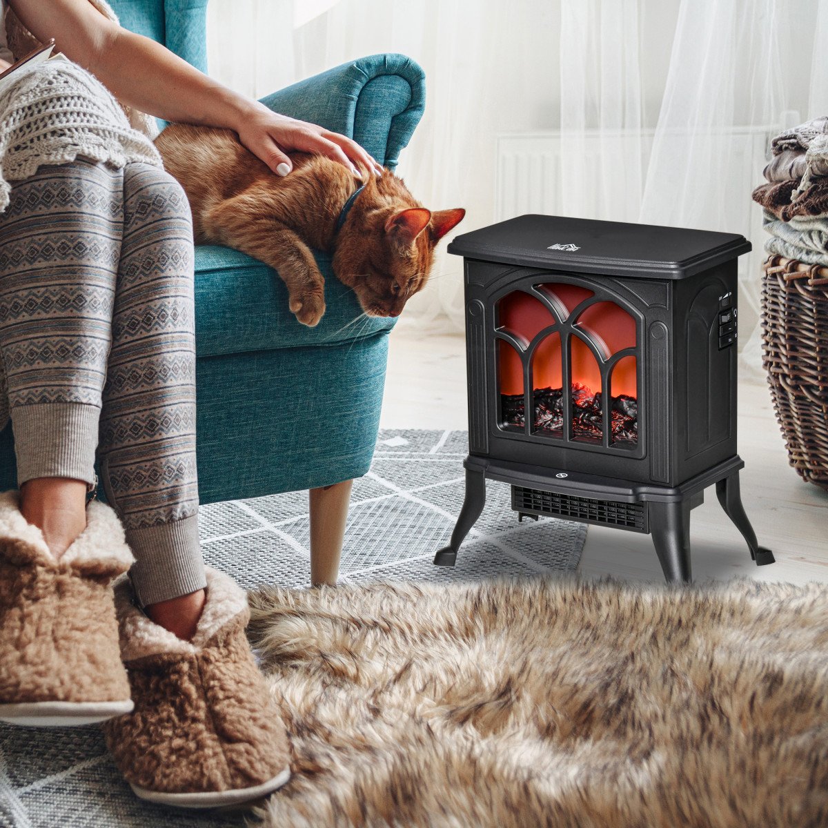 Electric Fireplace Heater, Freestanding Fireplace Stove with Realistic Flame, Overheat Protection, 750W/1500W, Black