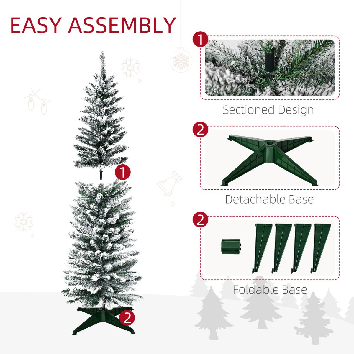 5ft Tall Pencil Artificial Christmas Tree, Holiday Décor with Snow Flocked Branches, Green