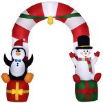 9ft Christmas Inflatable Candy Cane Archway with Penguin Snowman Sit on Gift Box, Blow-Up Outdoor LED Yard Display for Lawn Garden