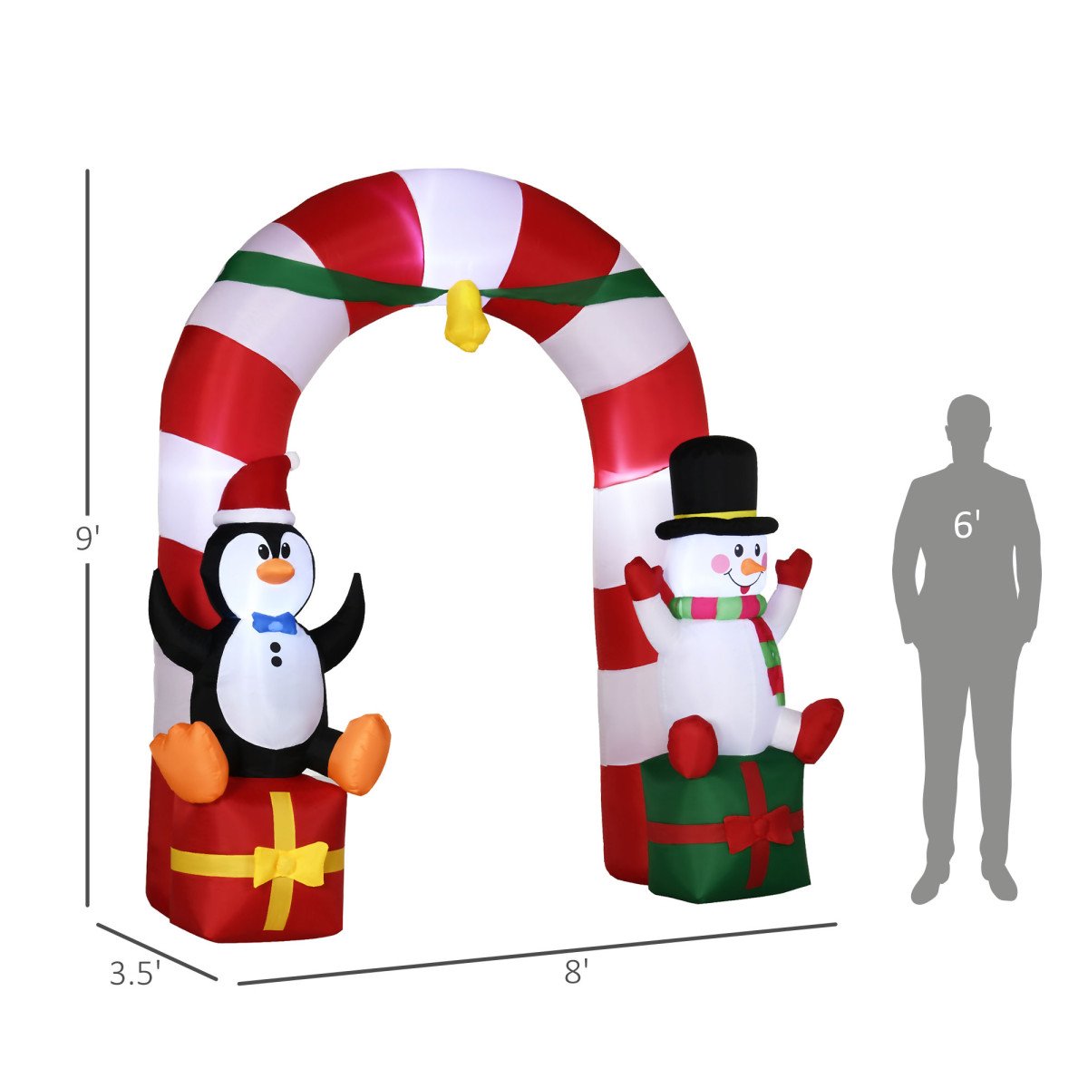9ft Christmas Inflatable Candy Cane Archway with Penguin Snowman Sit on Gift Box, Blow-Up Outdoor LED Yard Display for Lawn Garden