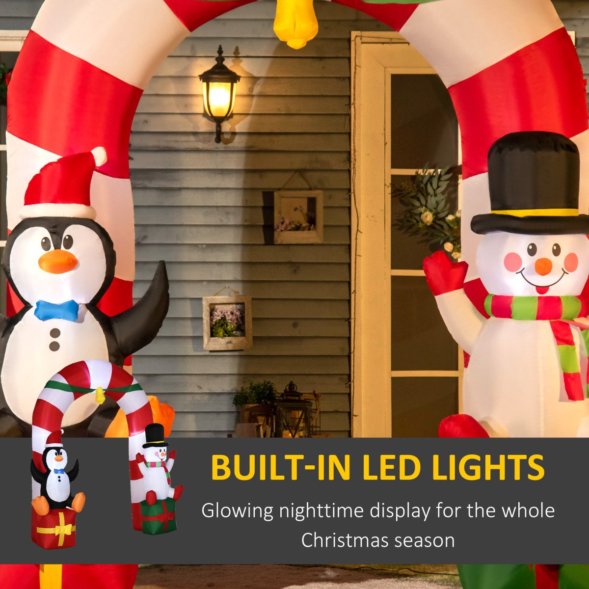9ft Christmas Inflatable Candy Cane Archway with Penguin Snowman Sit on Gift Box, Blow-Up Outdoor LED Yard Display for Lawn Garden