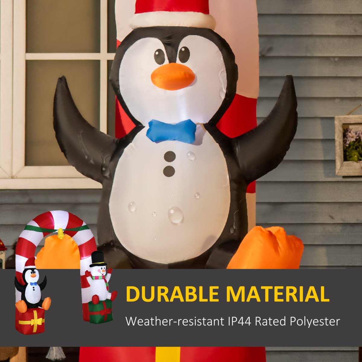 9ft Christmas Inflatable Candy Cane Archway with Penguin Snowman Sit on Gift Box, Blow-Up Outdoor LED Yard Display for Lawn Garden