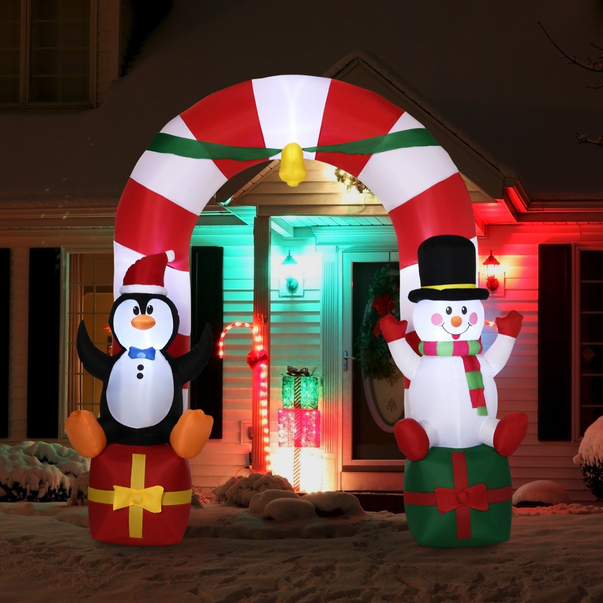 9ft Christmas Inflatable Candy Cane Archway with Penguin Snowman Sit on Gift Box, Blow-Up Outdoor LED Yard Display for Lawn Garden