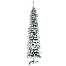 6 Ft Snow-Flocked Artificial Christmas Tree, Slim Pencil Xmas Tree with Realistic Branches, Metal Base, Green