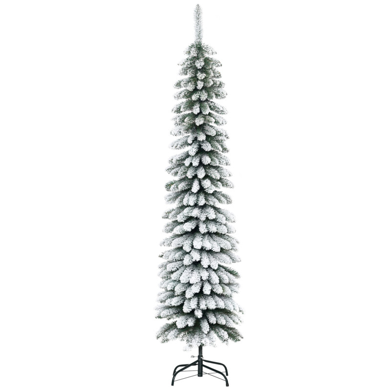 6 Ft Snow-Flocked Artificial Christmas Tree, Slim Pencil Xmas Tree with Realistic Branches, Metal Base, Green
